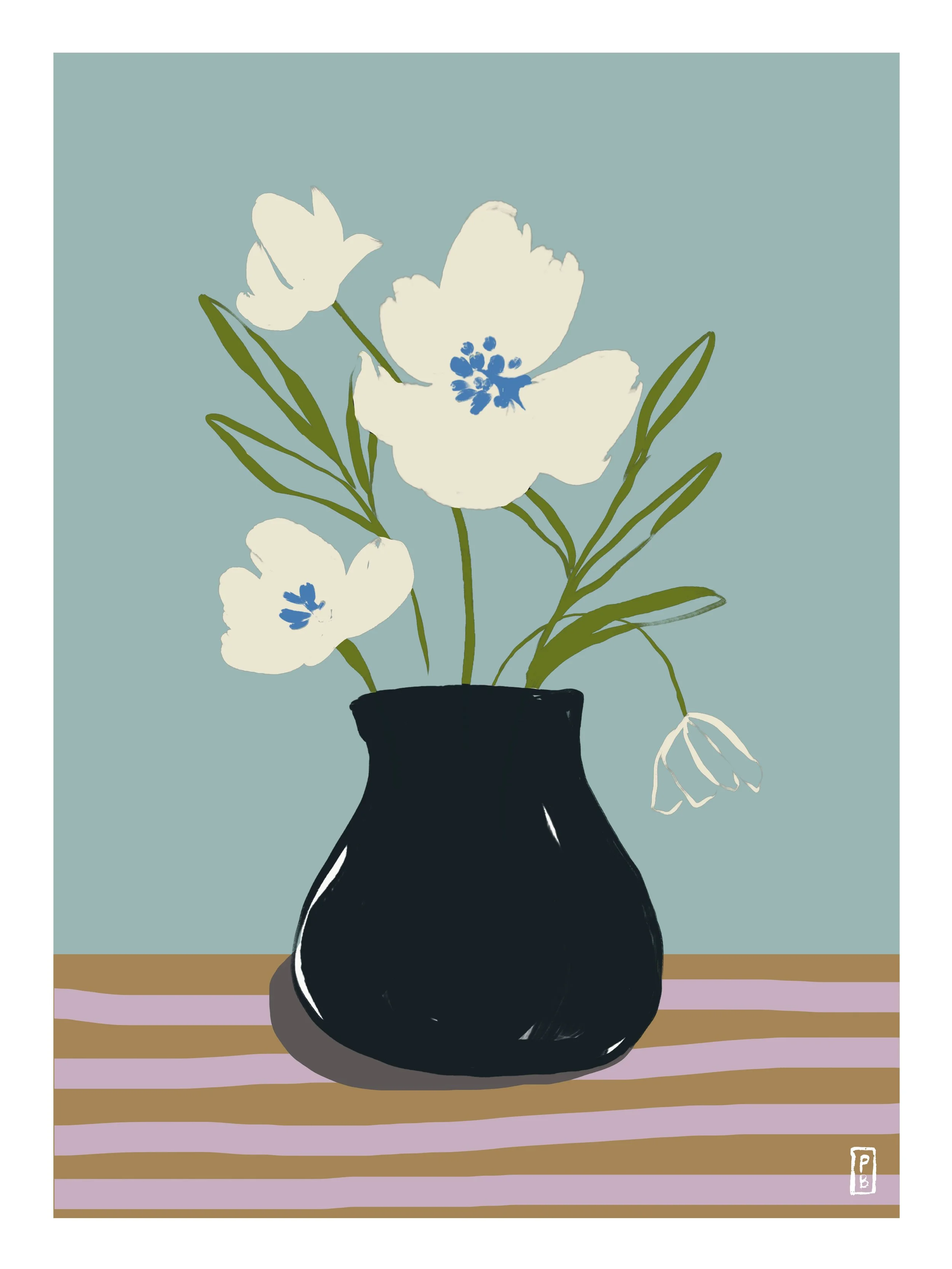 Art pritns botanical from original painting of cream flowers in black vase