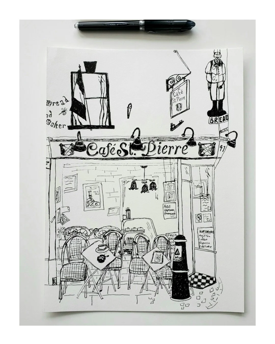 French cafe art, original illustration by Pascale Berkowitz