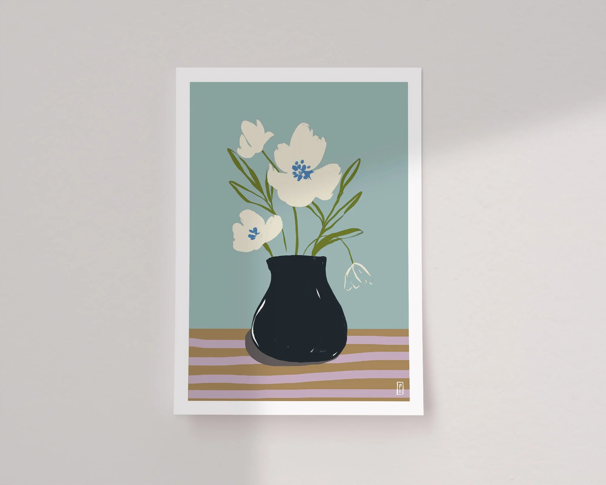 Art pritns botanical from original painting of cream flowers in black vase