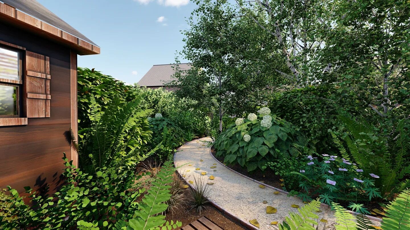 Shady corners of the garden don't have to be boring. We created a winding path leading from the main garden space around the &quot;woodland&quot; flower bed filled with birch trees. Not only does this area conceal the shed, but provides a shady haven