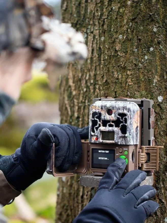 A person wearing black gloves sets up a trail camera on a tree trunk, with a camouflage pattern, in a forested area.