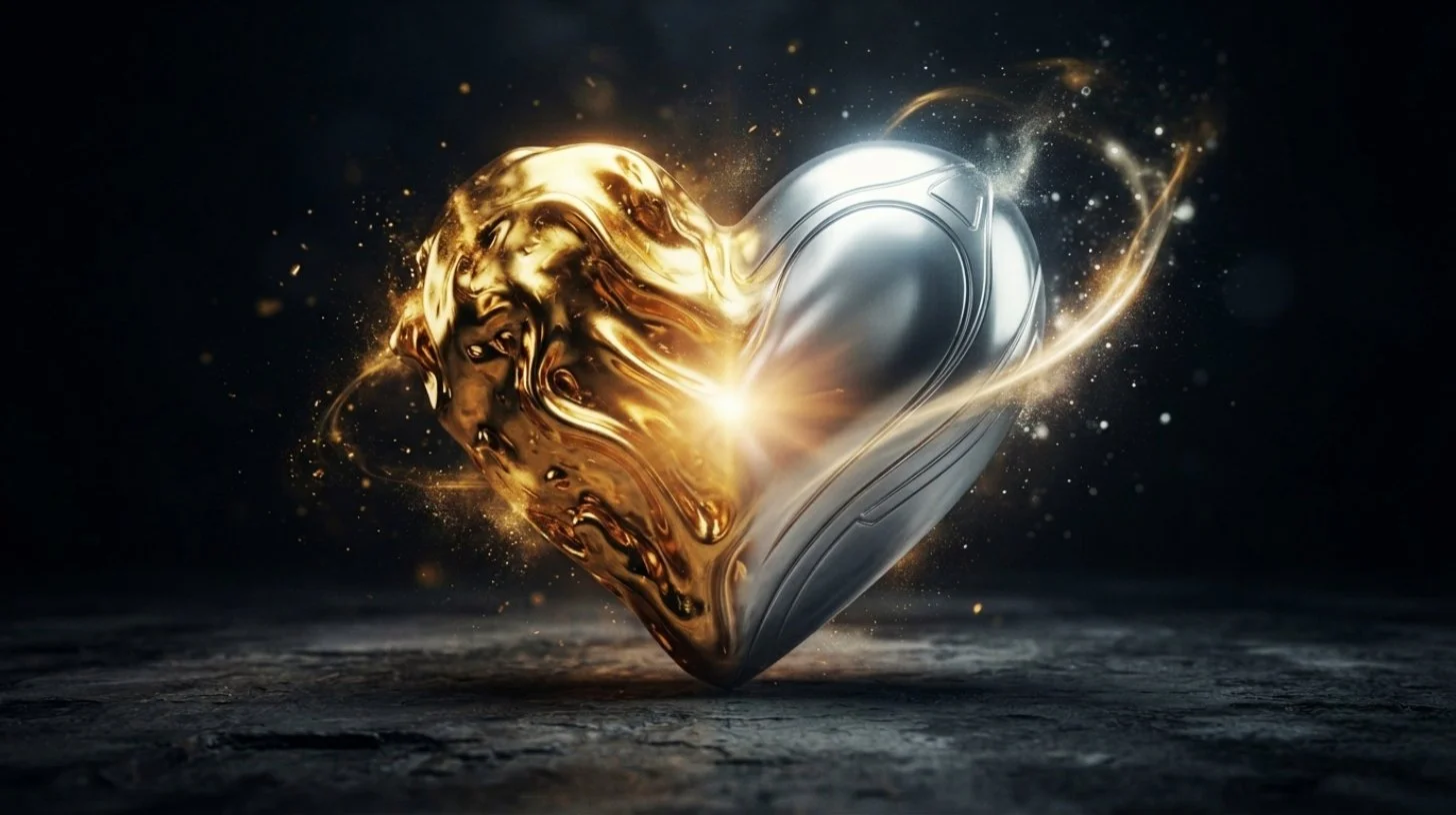 A sculptural heart half liquid gold and half polished silver unified at the centre with warm light blooming from the join, representing the Divine Feminine and Divine Masculine as integrated sovereign energies