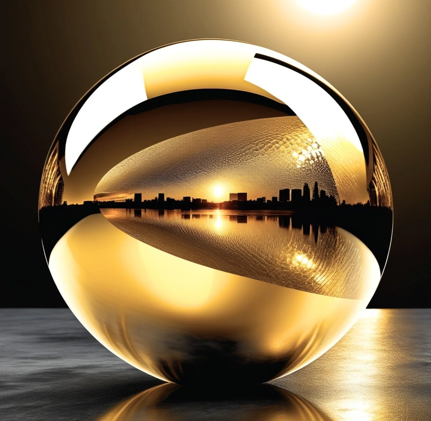 A reflective metallic sphere sitting on a surface, with a sunrise over a city skyline reflected on it and in the background.