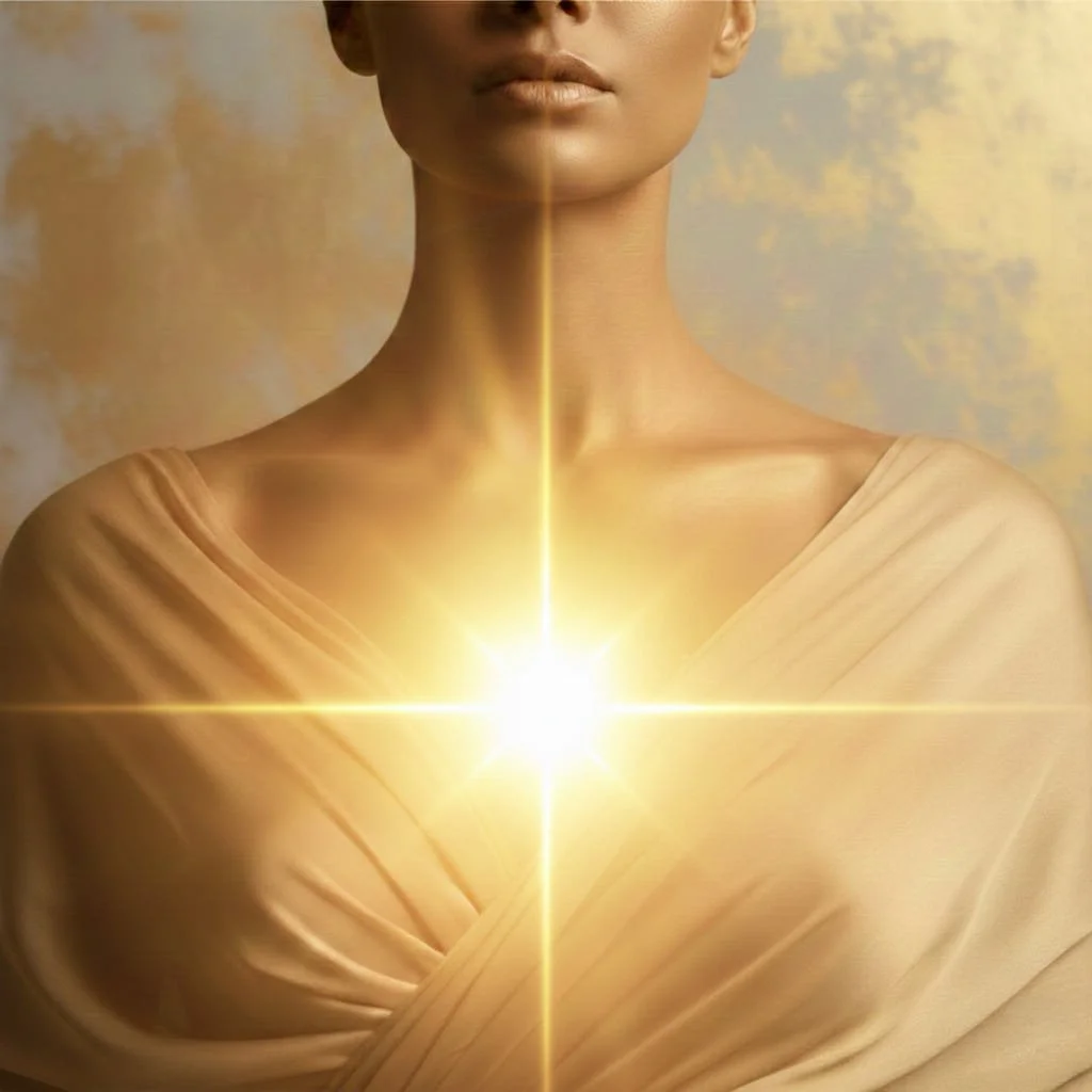 Figure with glowing light at the heart centre representing inner Soul Sovereignty and embodied truth