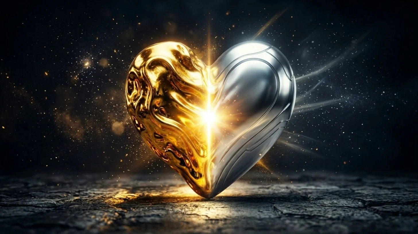 A sculptural heart half liquid gold and half polished silver unified at the centre with warm light blooming from the join, representing the Divine Feminine and Divine Masculine as integrated sovereign energies