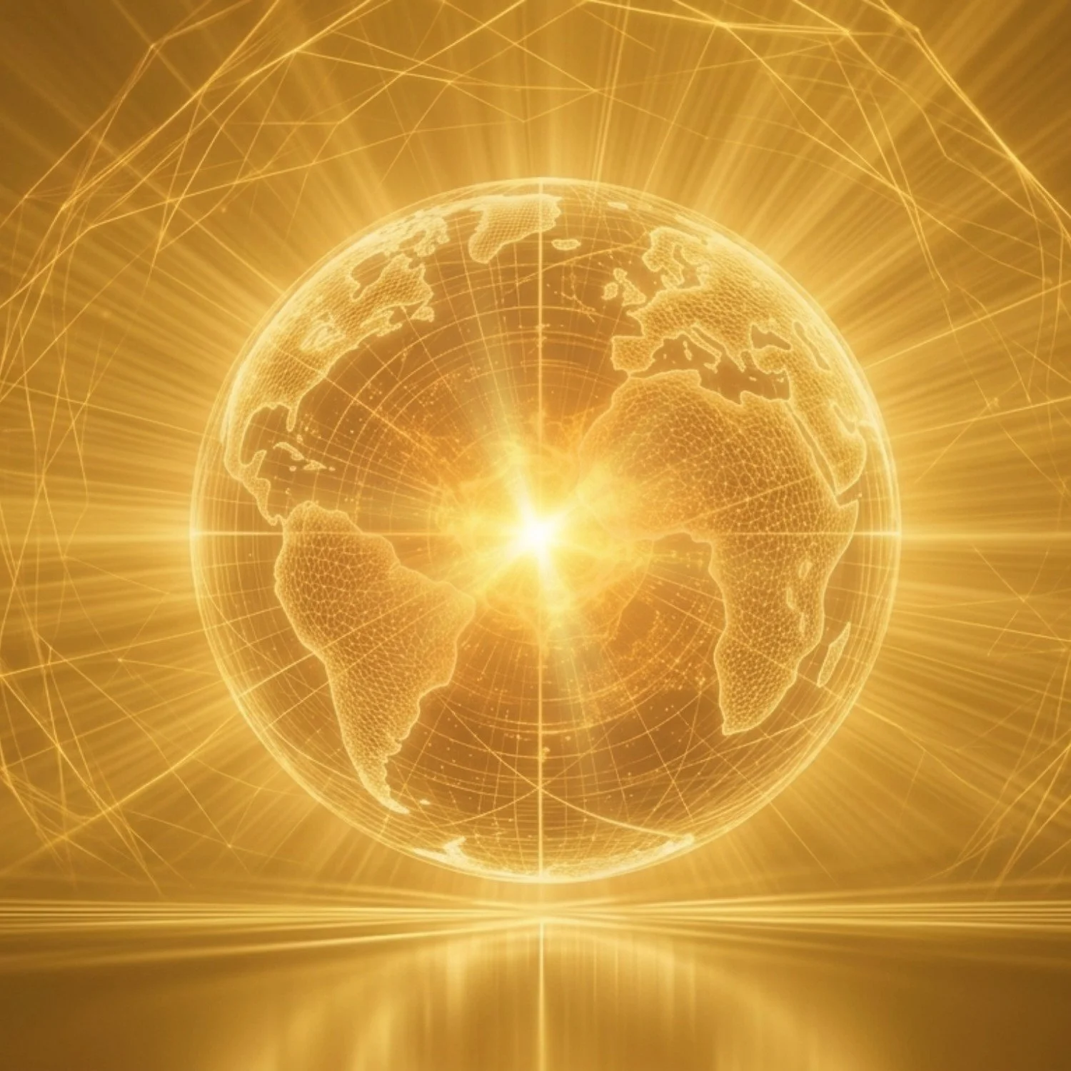 A digital illustration of New Earth glowing in gold with interconnected lines and a radiant light at the center, symbolizing a technological or global connection.
