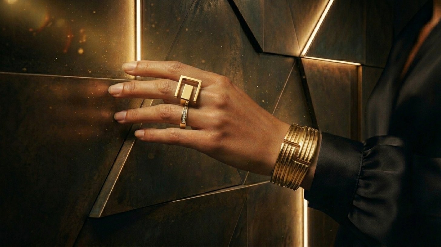 A sovereign woman's hand resting against dark bronze architectural panels, adorned with a sculptural gold ring and cuff bracelet, warm gold light emanating from within the structure, representing Soul Sovereignty as an embodied state of being