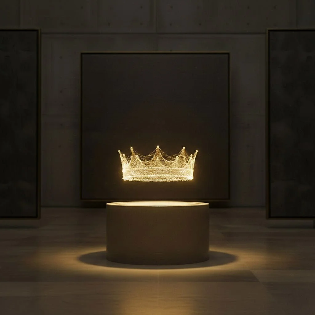 Golden crown floating above a pedestal symbolising Sovereign leadership and inner authority