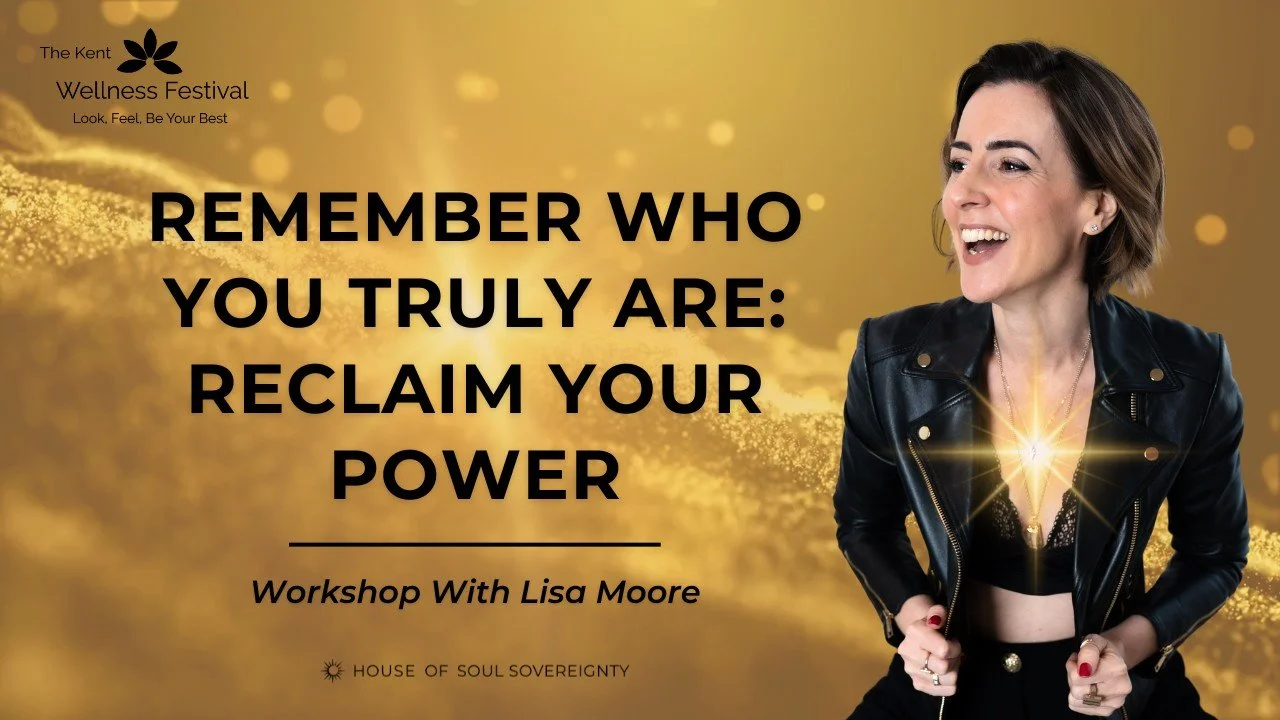 A promotional image for a workshop titled "Remember Who You Truly Are: Reclaim Your Power" with Lisa Moore. The image features Lisa Moore smiling wearing a black leather jacket with a glowing golden light on a gold background.