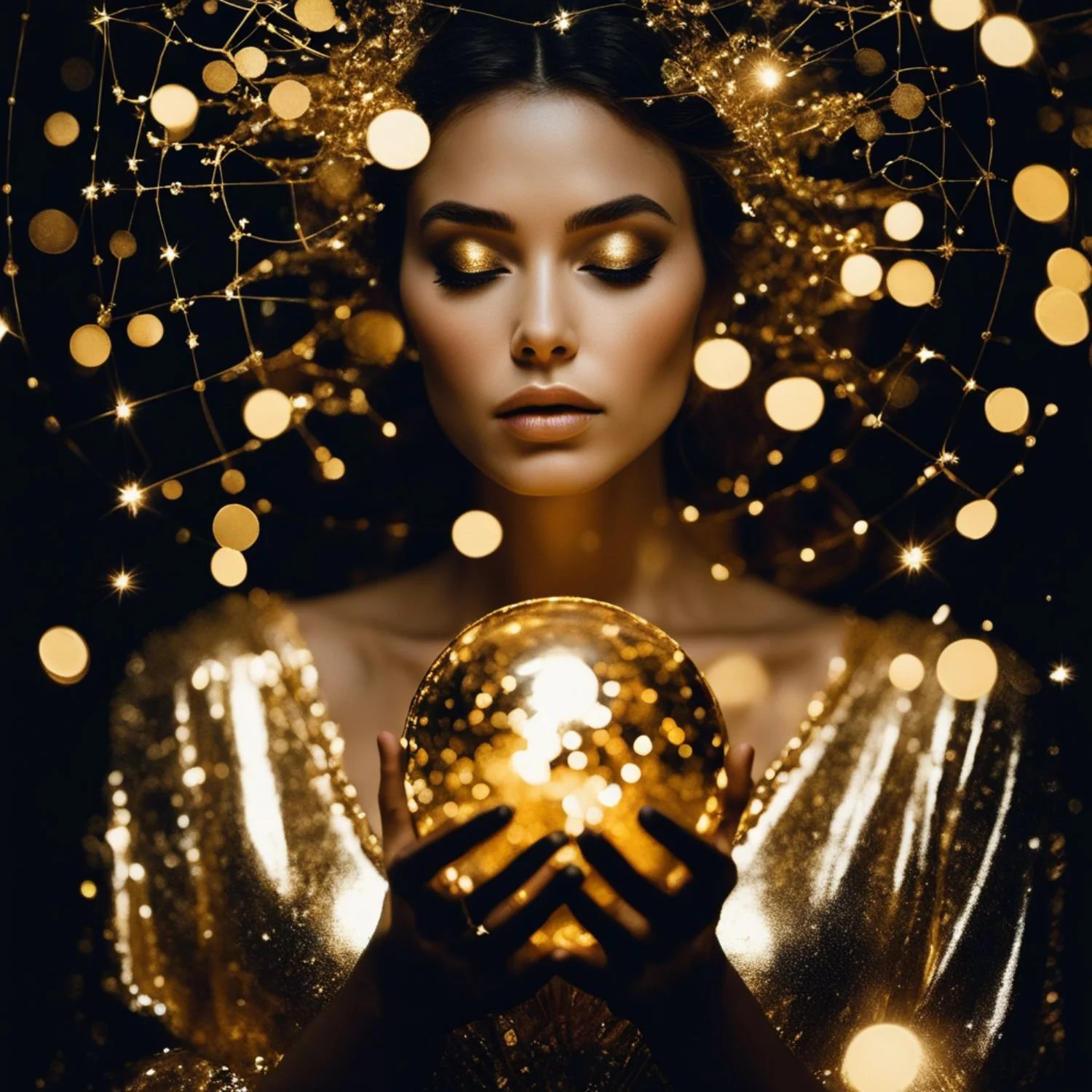 woman in gold with her eyes closed holding a golden orb