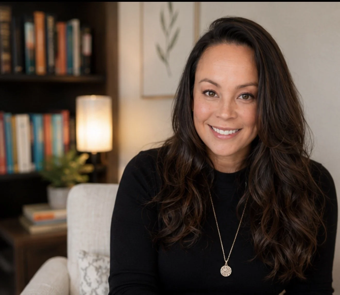 Dr. Nikki Nolet in her office waiting for her couples therapy clients to arrive, smiling