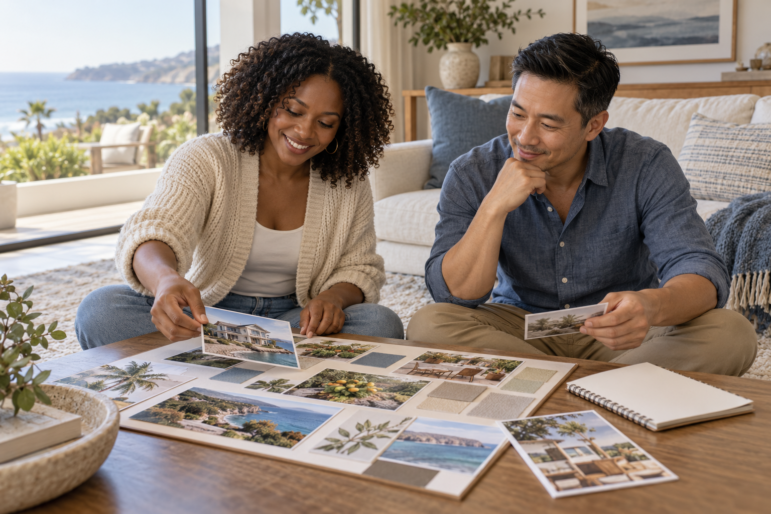 Couple arranging photographs of homes, travel, and gardens on a shared vision board.