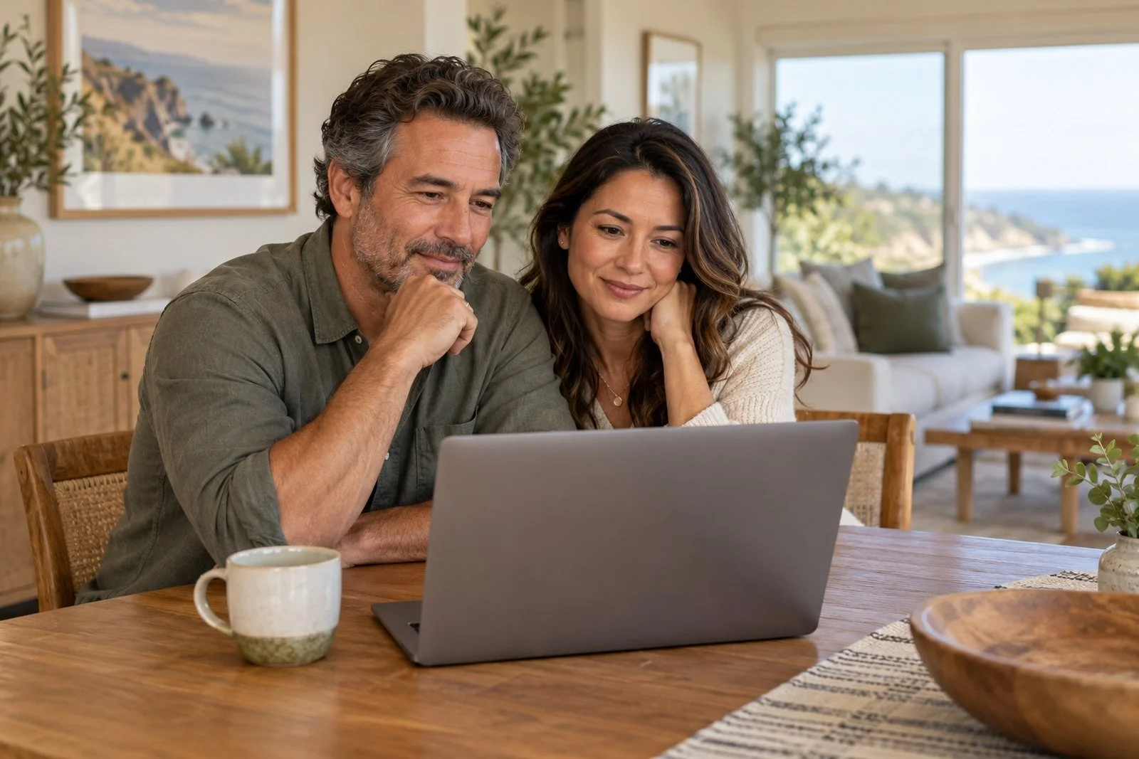 Couple looking at a laptop together at home