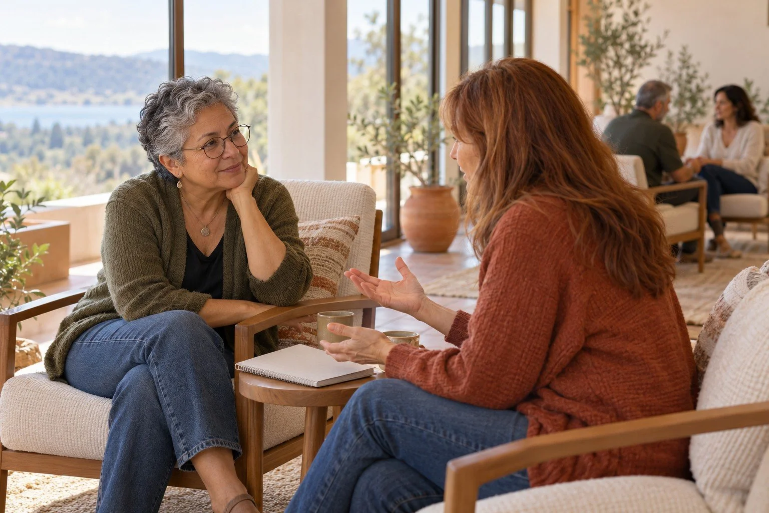 Two women practice a face-to-face conversation beside a notebook, with another couple talking in the background.