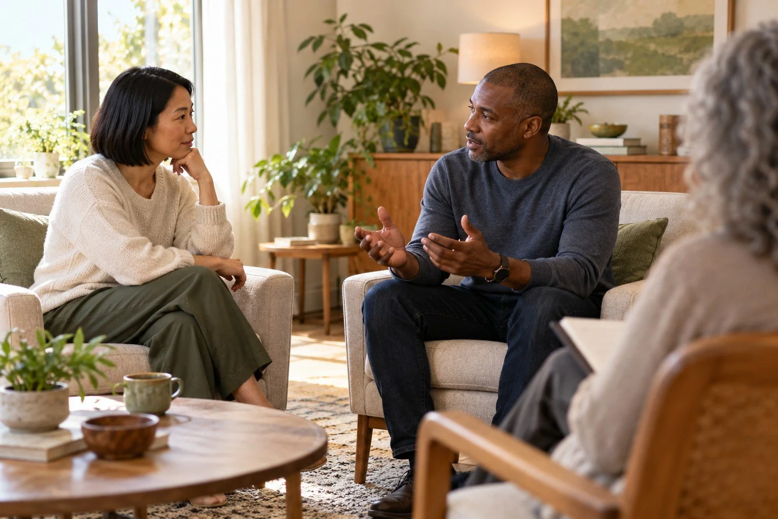A couple talks face to face while a therapist listens in a bright counseling room.