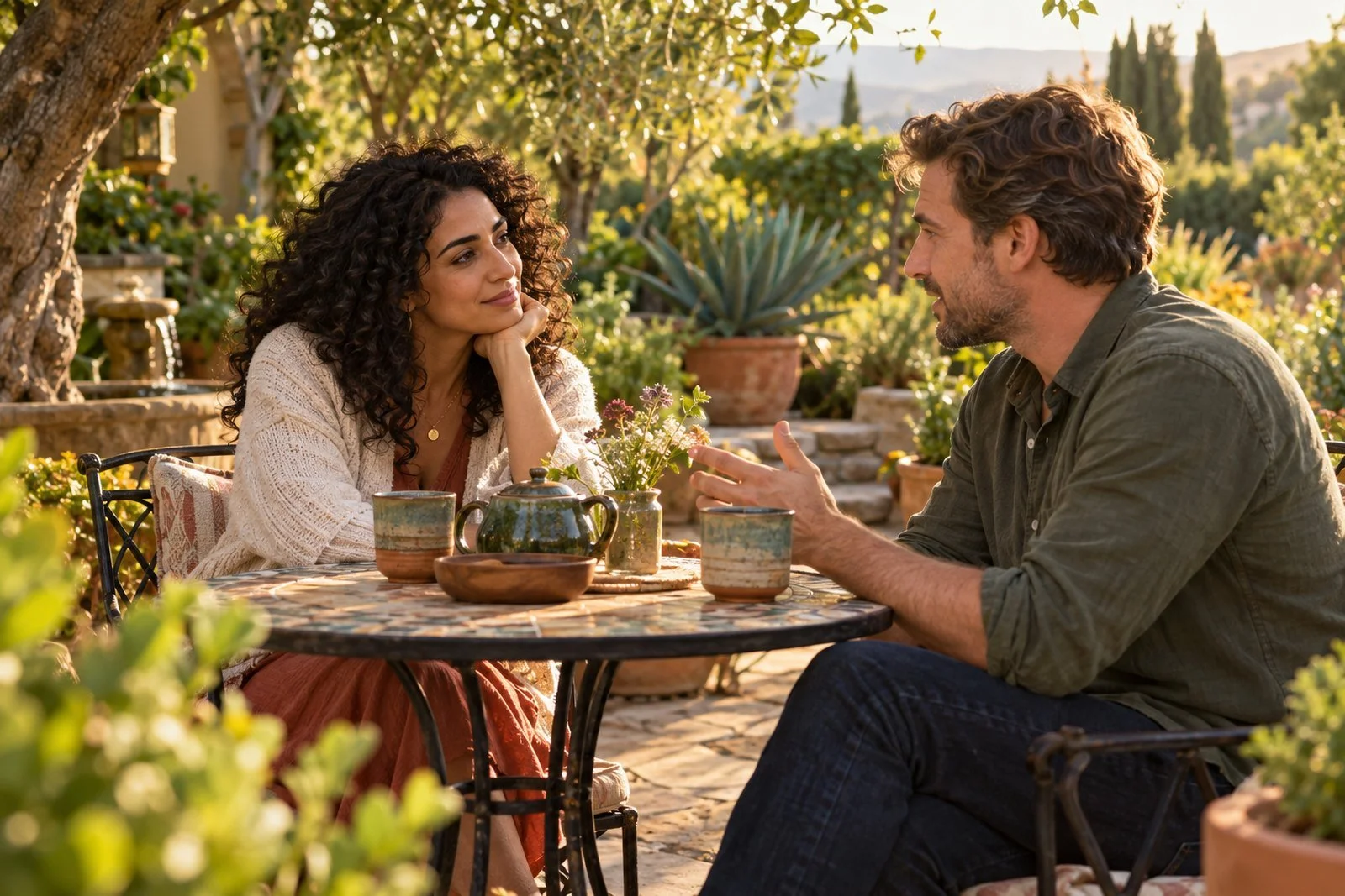 couple sharing tea and conversation on outside table