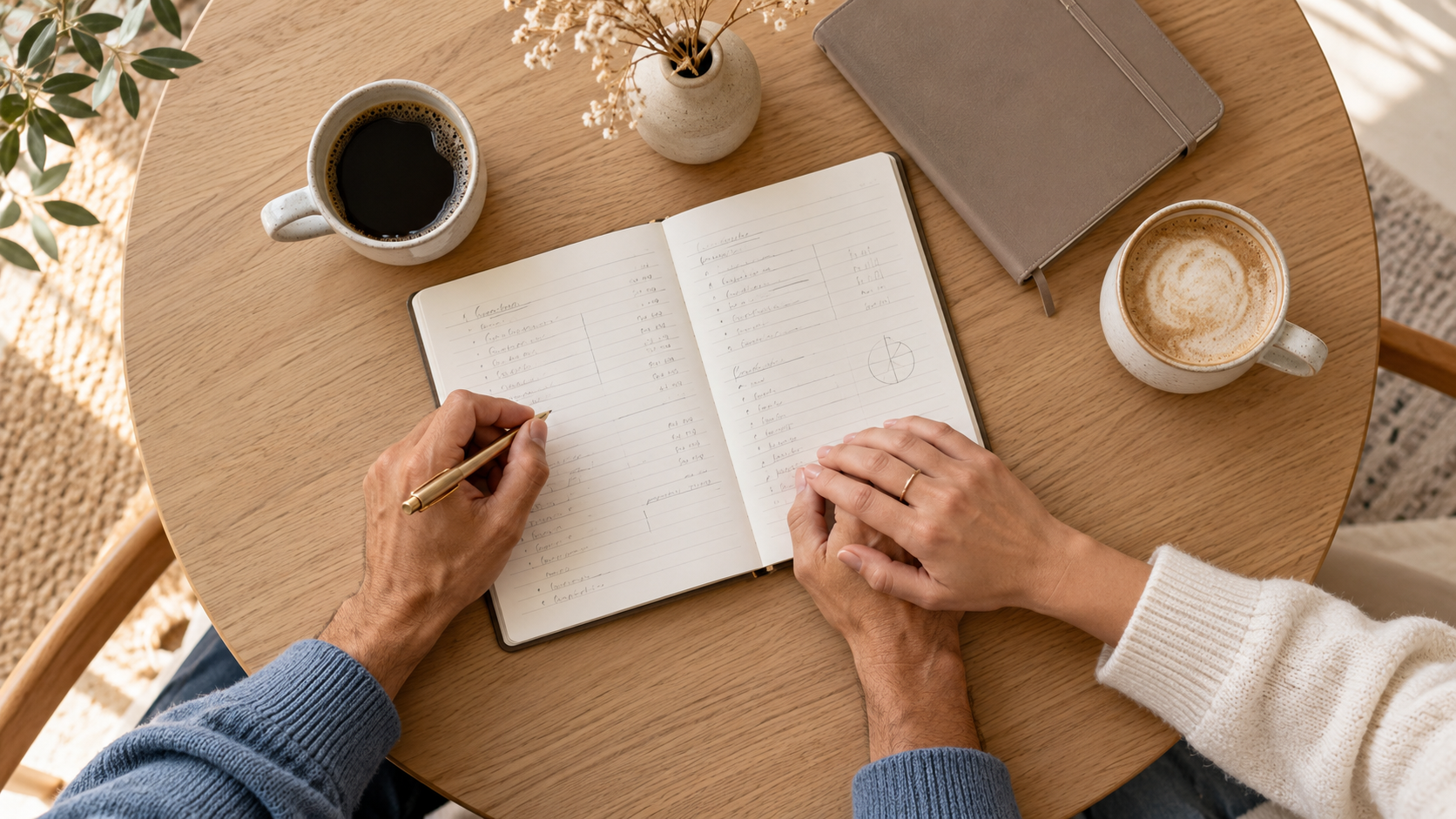Overhead view of a couple holding hands over an open budget notebook, with two coffee cups on a wooden table.