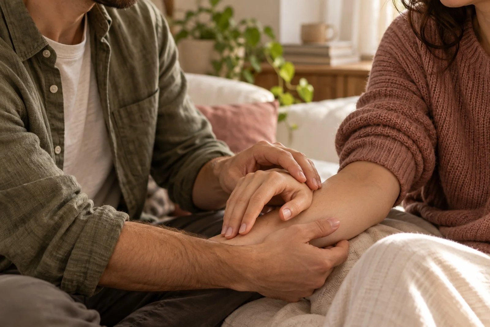 Partners gently guiding a hand to a forearm during affectionate touch