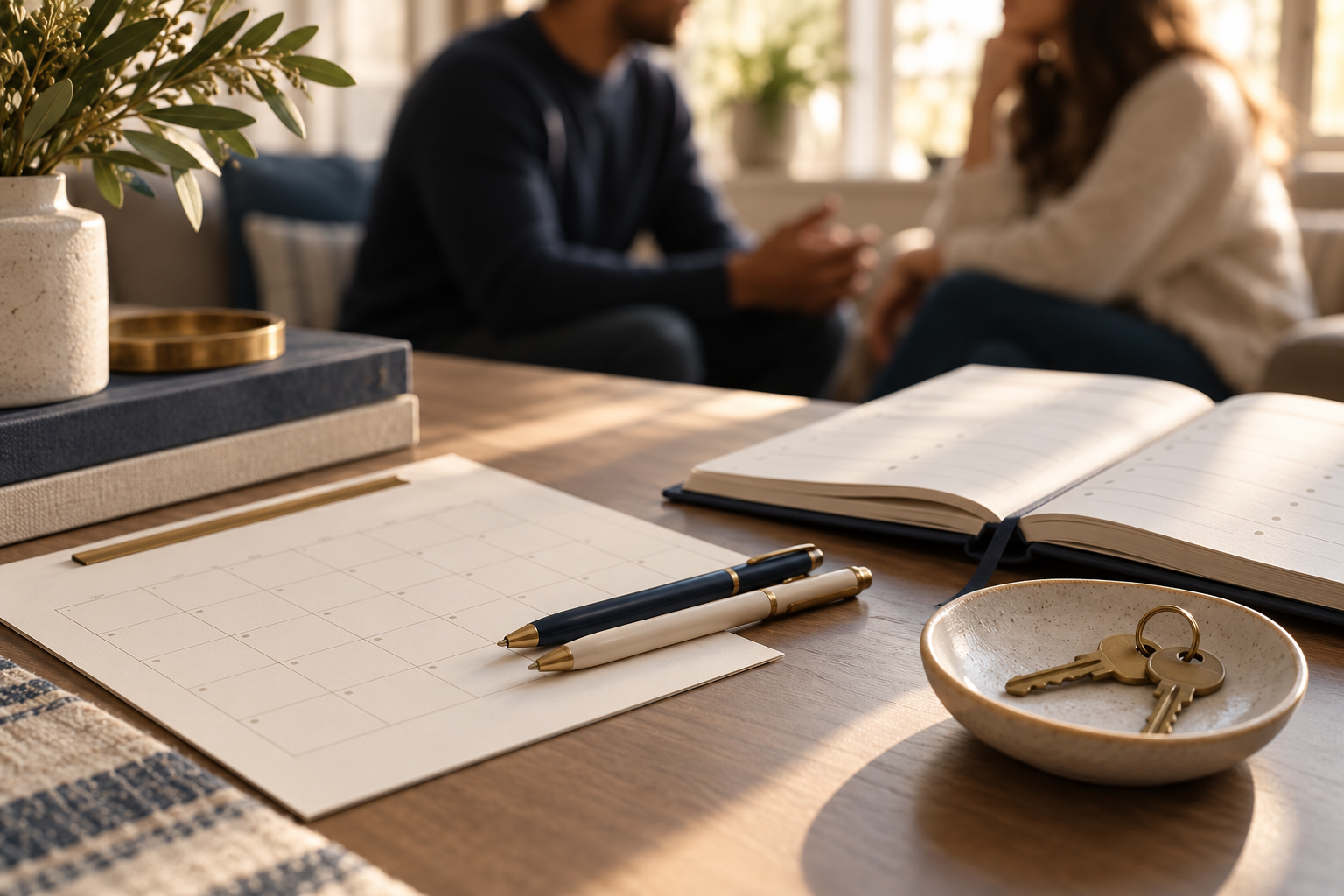 Calendar, pens, and an open planner on a table, with a couple talking in the background.