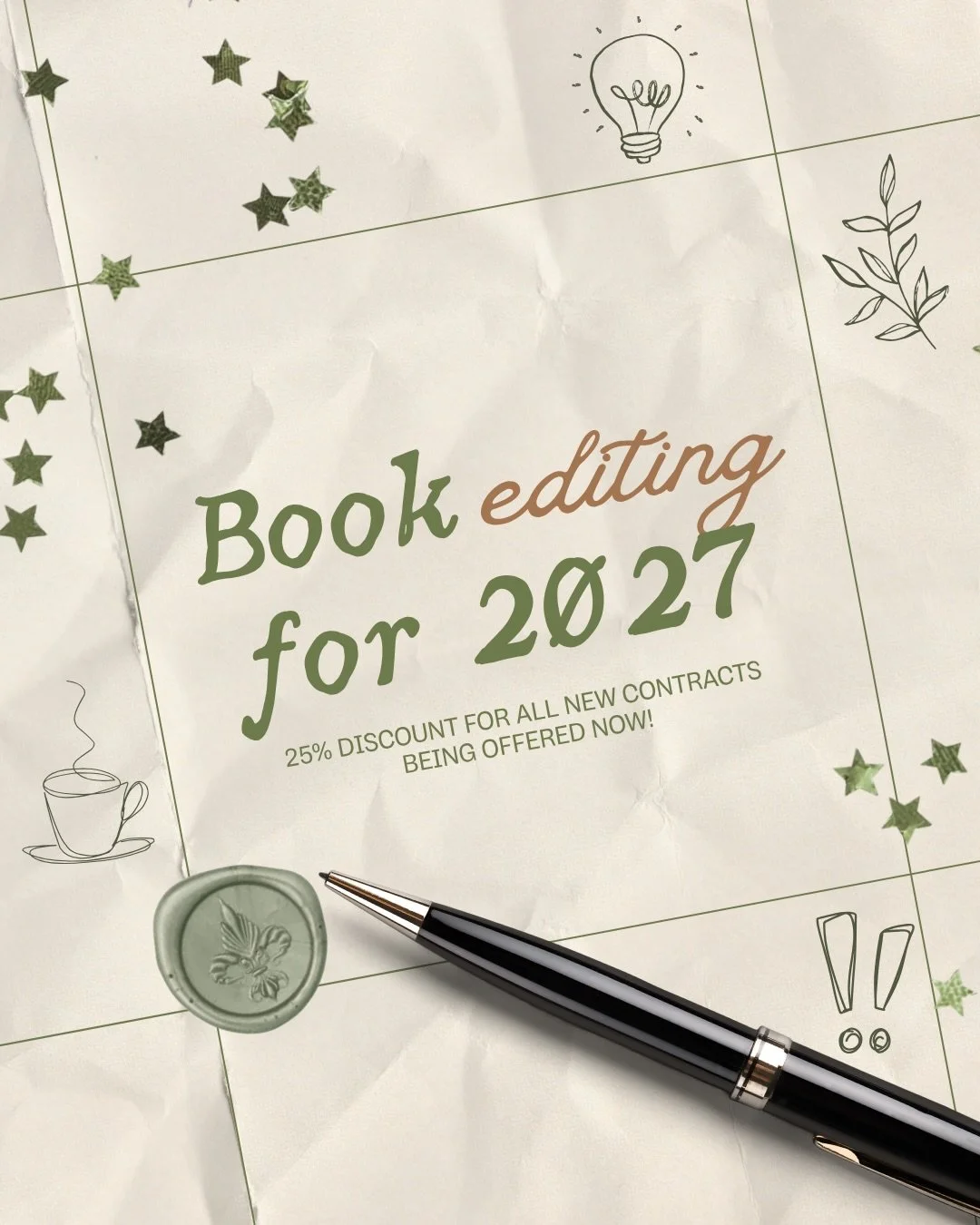 🌿 𝘉𝘖𝘖𝘒 𝘌𝘋𝘐𝘛𝘐𝘕𝘎 𝘍𝘖𝘙 2027

Things are starting to book up at Earley Editing, LLC! Spring still has availability for some services, but now is definitely the time to reach out if you want to get on our books!

We&rsquo;re offering 25%&nda