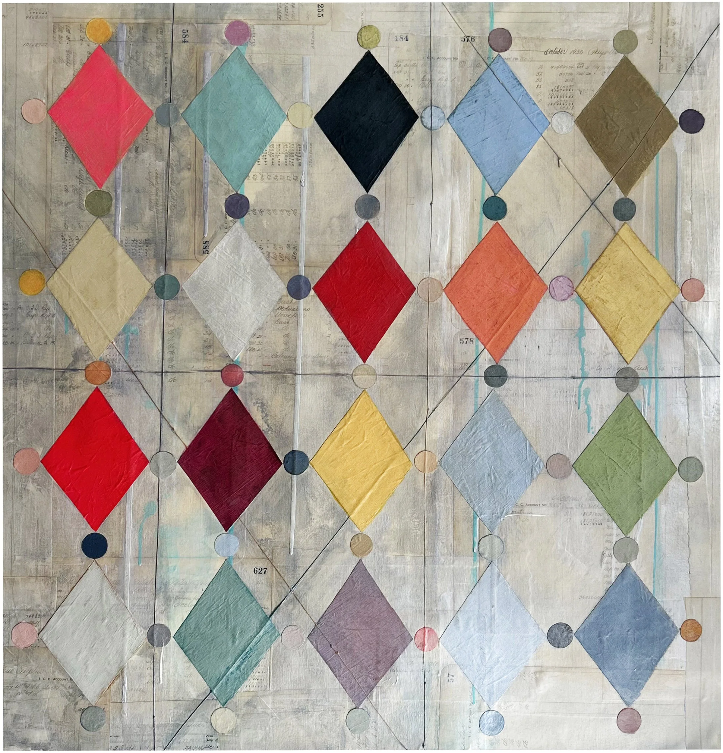 Azulejo #2 - 34.5×33.5in. Painted linen, historic paper, twine on canvas.