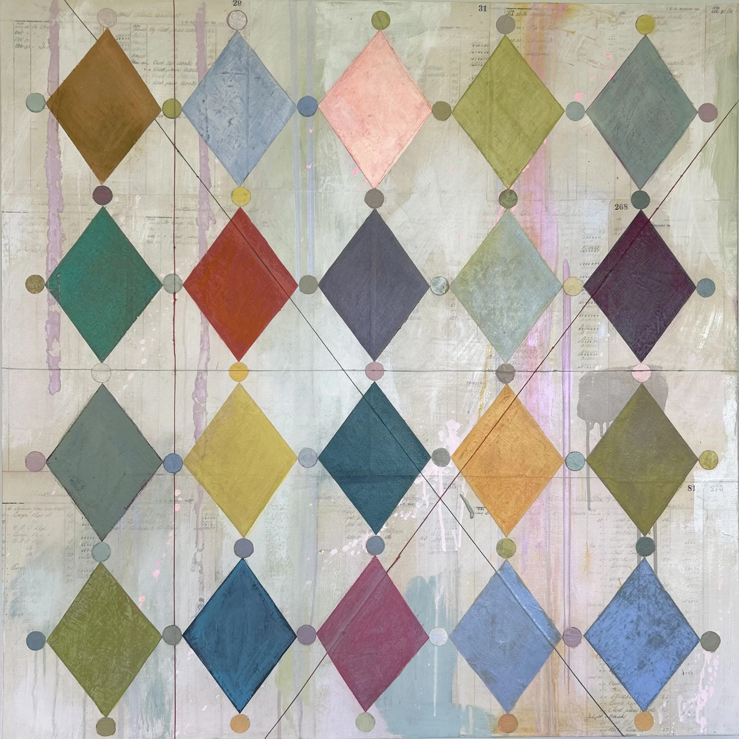 Azulejo #7 - 36×36in. Painted linen, historic paper, twine on canvas.