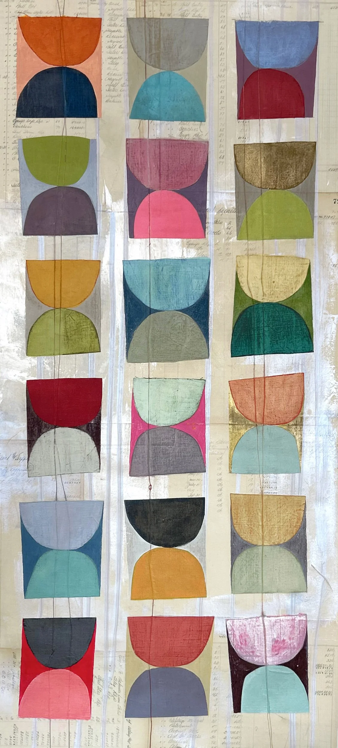 Azulejo #3 - 46×20in. Painted linen, historic paper, twine on canvas.