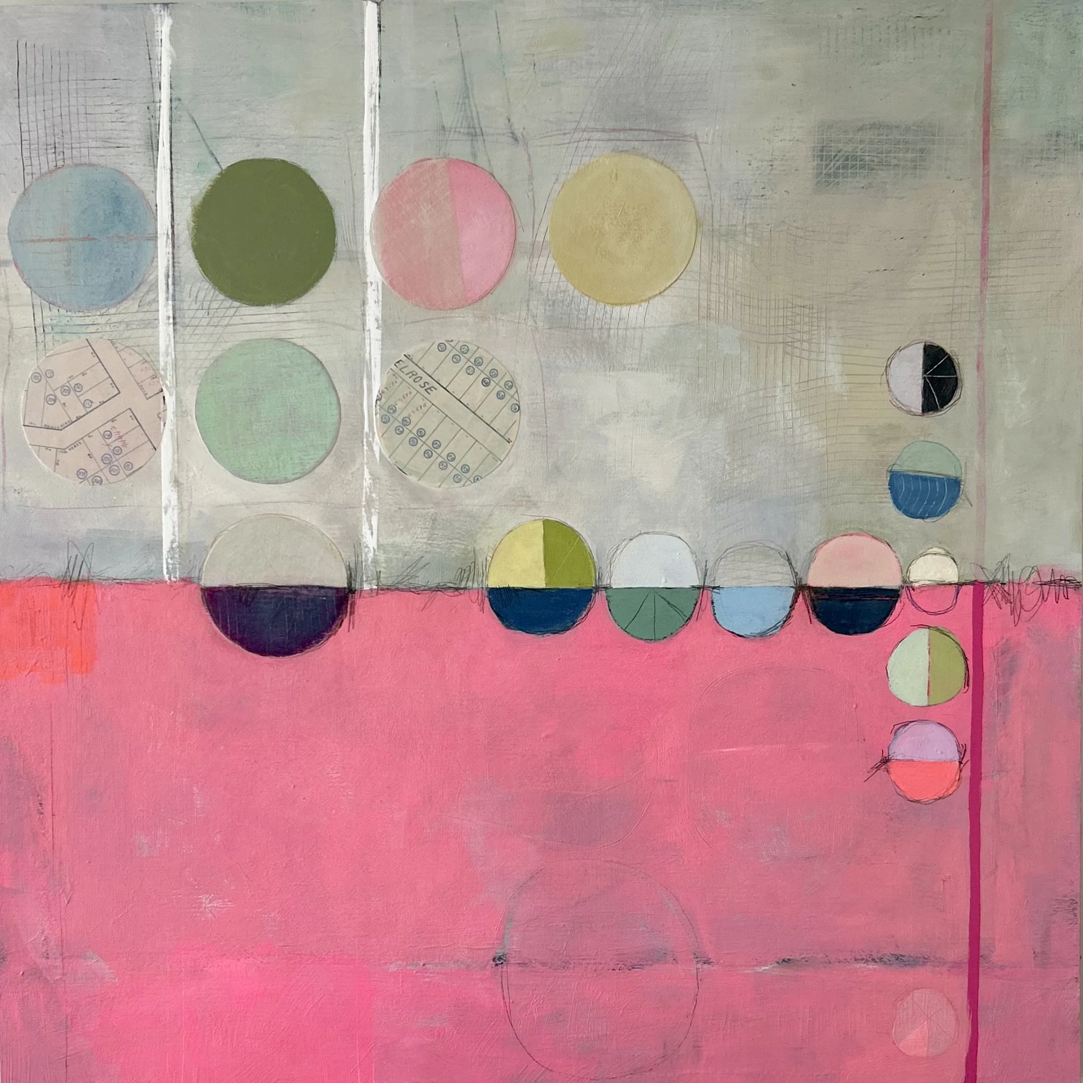 My Many Moons - 24x24in. Acrylic, mixed media on cradled panel.