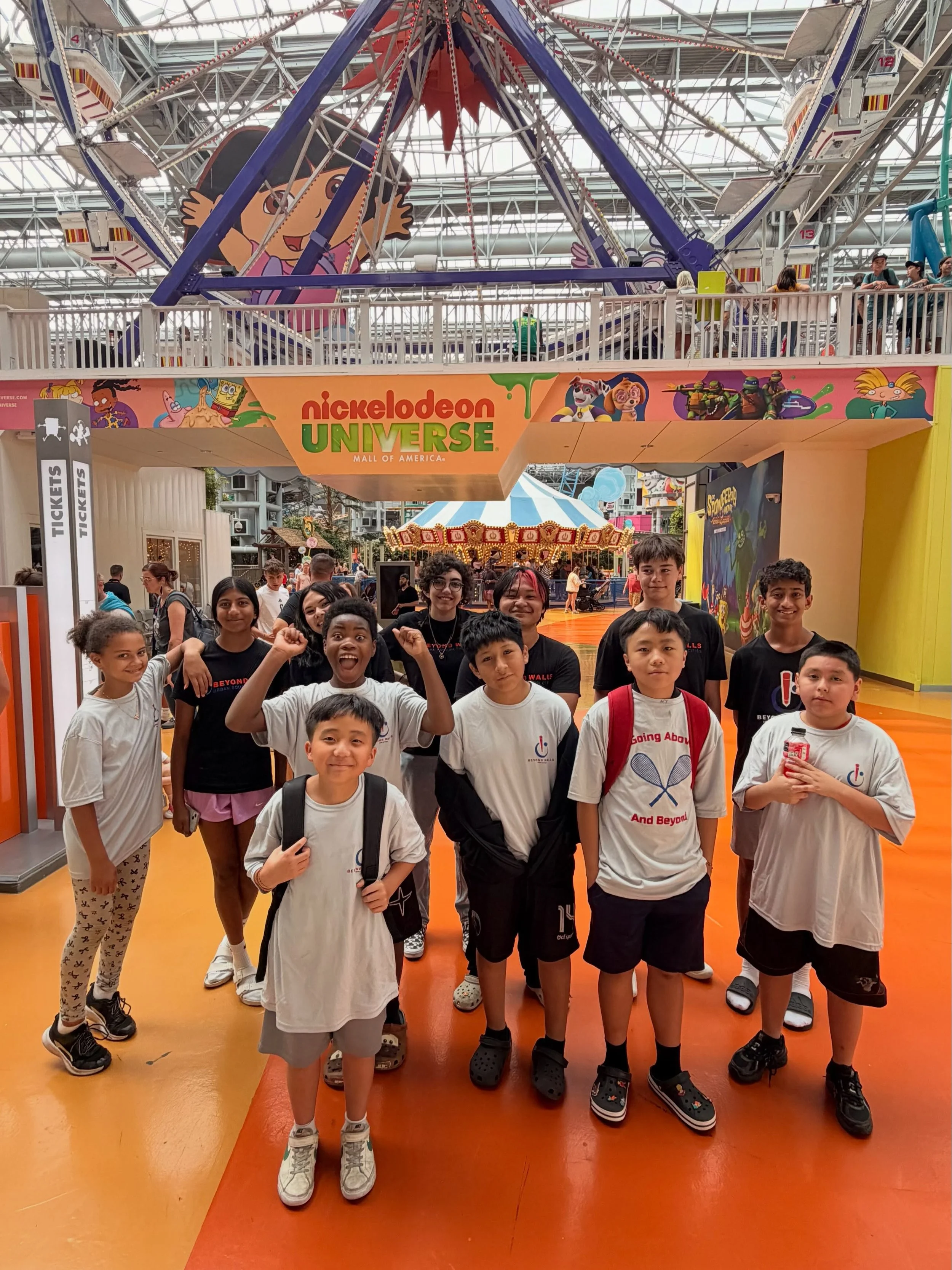 For the final day of session 1 Beyond Walls summer camp, counselors and campers ran around and played in the @nickelodeonuniverse indoor amusement park! #summercamp #free #twincities #squasheducationalliance