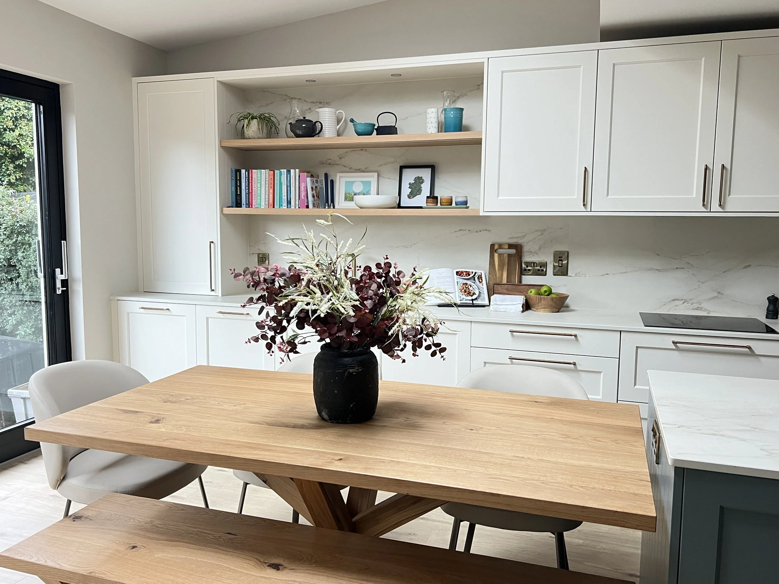 Little Greene Slaked Lime shaker kitchen, solid oak dining table