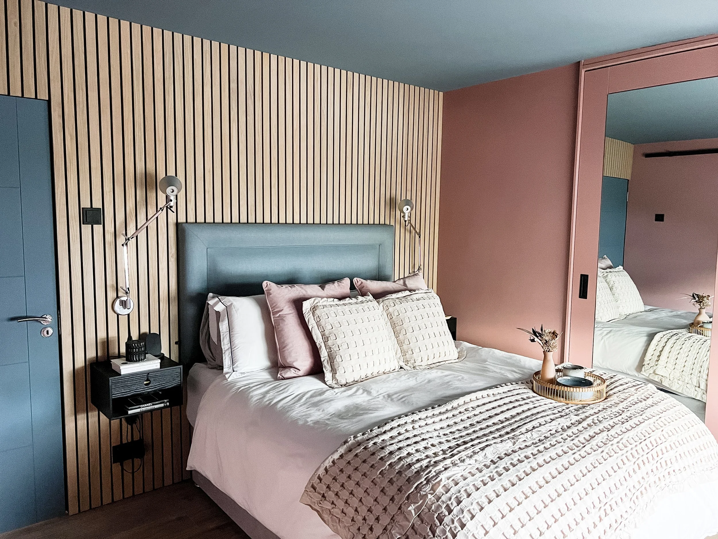 Contemporary Master Bedroom with Wall Panelling in Dusky Pink and Blue