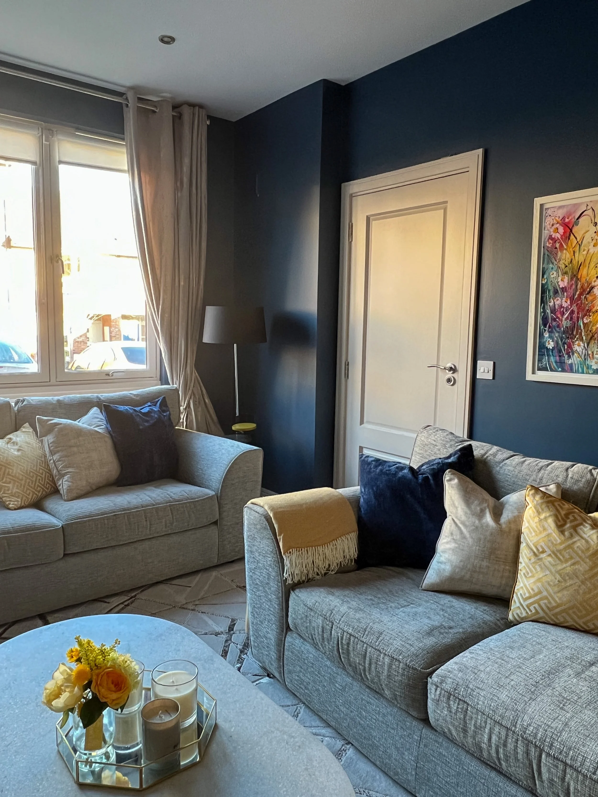 Navy Blue Living Room with Yellow Accent Colour 1