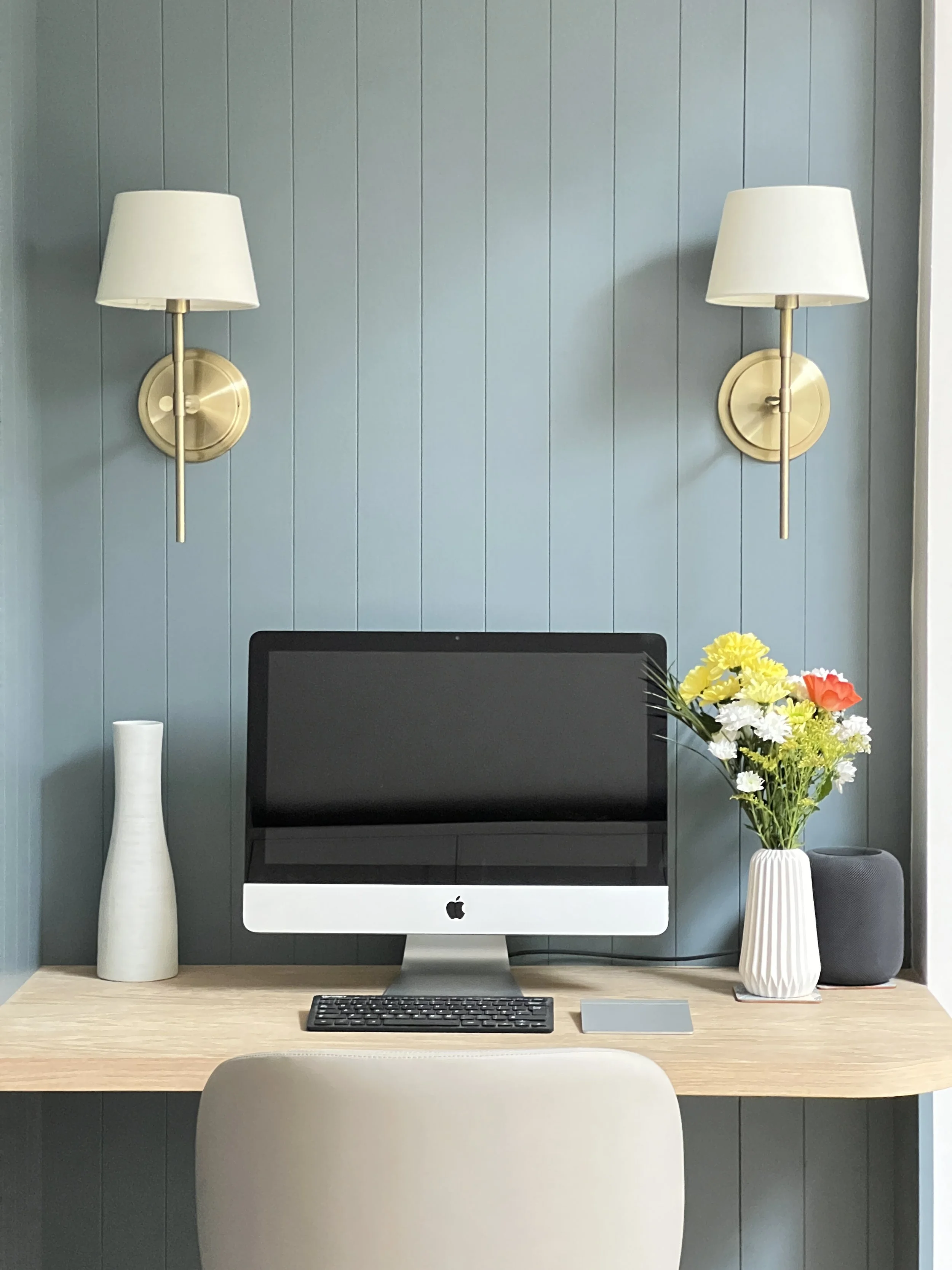 Work station, Endon wall lights, De Nimes tongue and groove back panel
