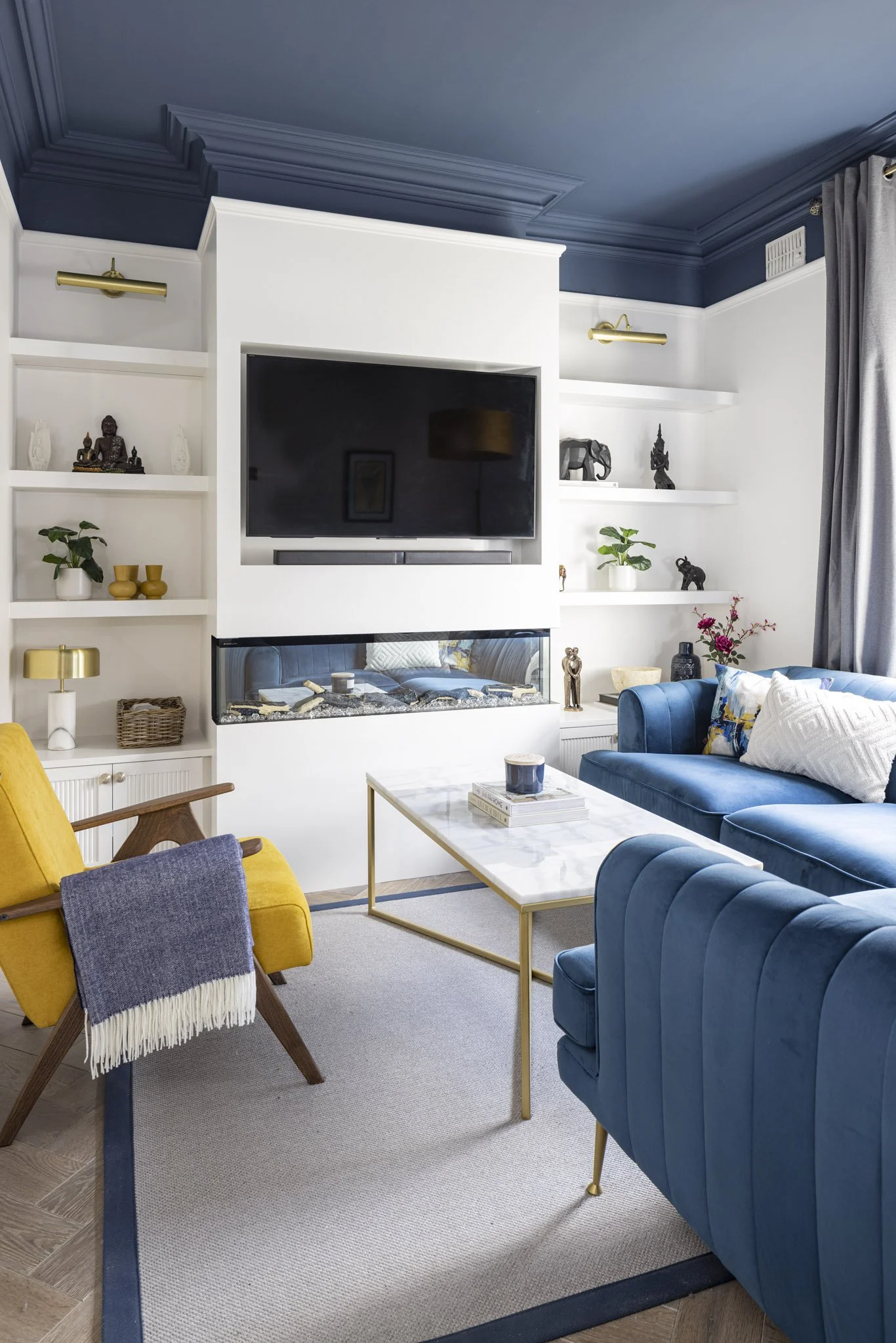 Navy Ceiling and Yellow Armchair