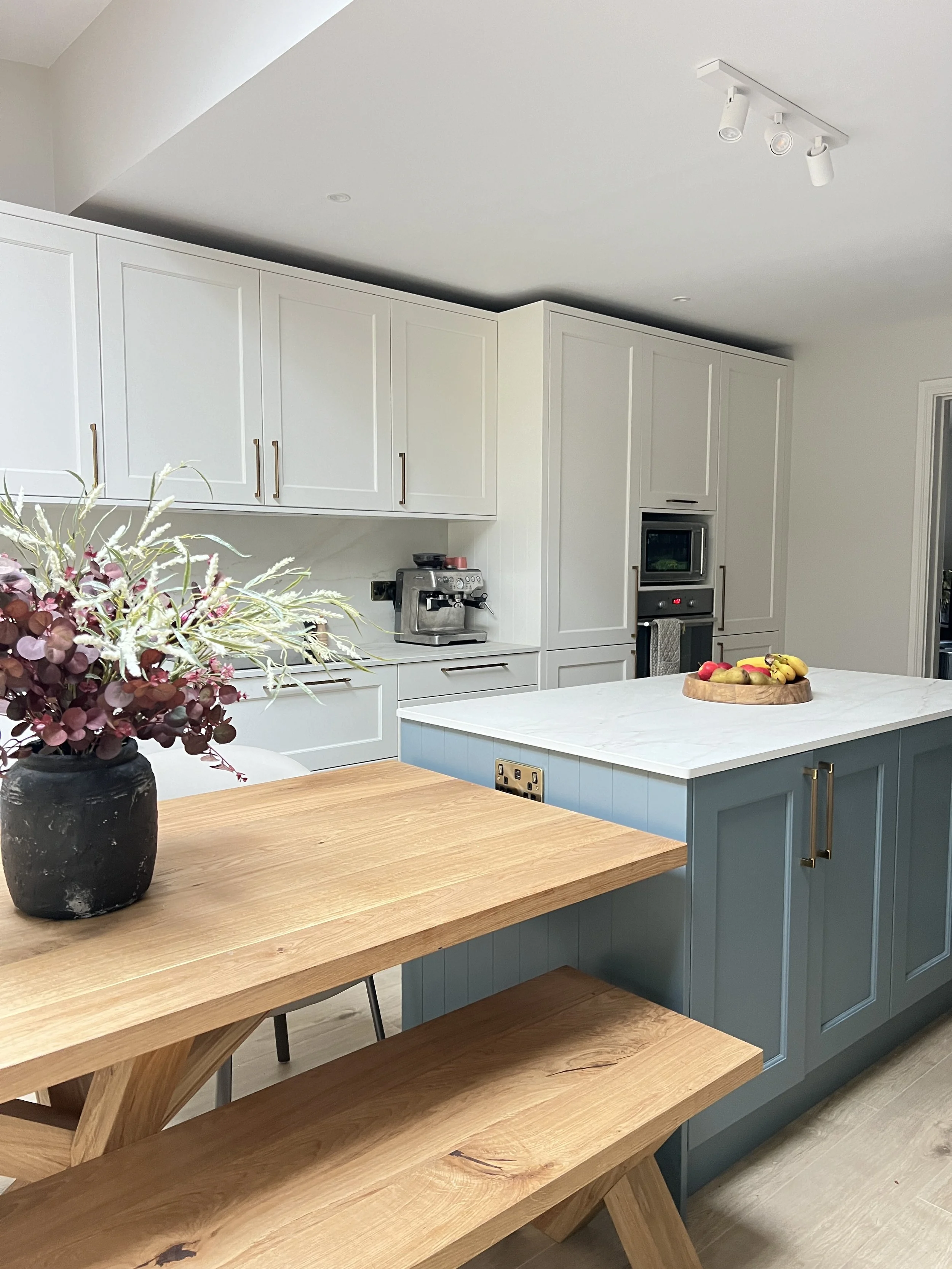 Farrow and Ball De Nimes Island, Little Greene Slaked Lime shaker kitchen