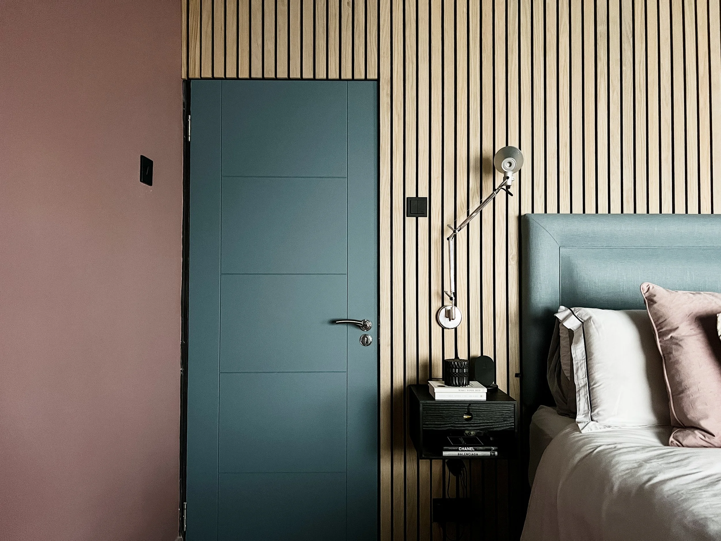 Pink and Blue Master Bedroom with Slat Wall Panelling