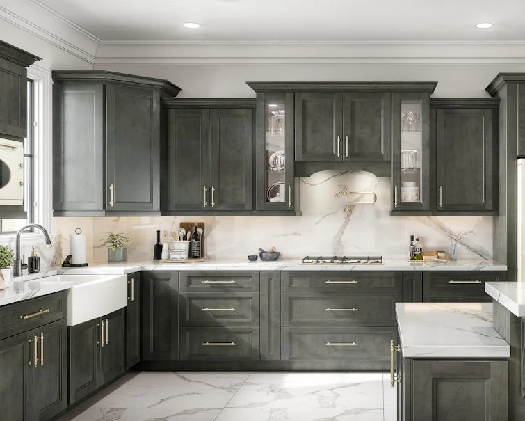 Modern kitchen with dark gray cabinets, white marble countertops, and a white marble backsplash. Features a farmhouse sink, stove, and glass-front upper cabinets.
