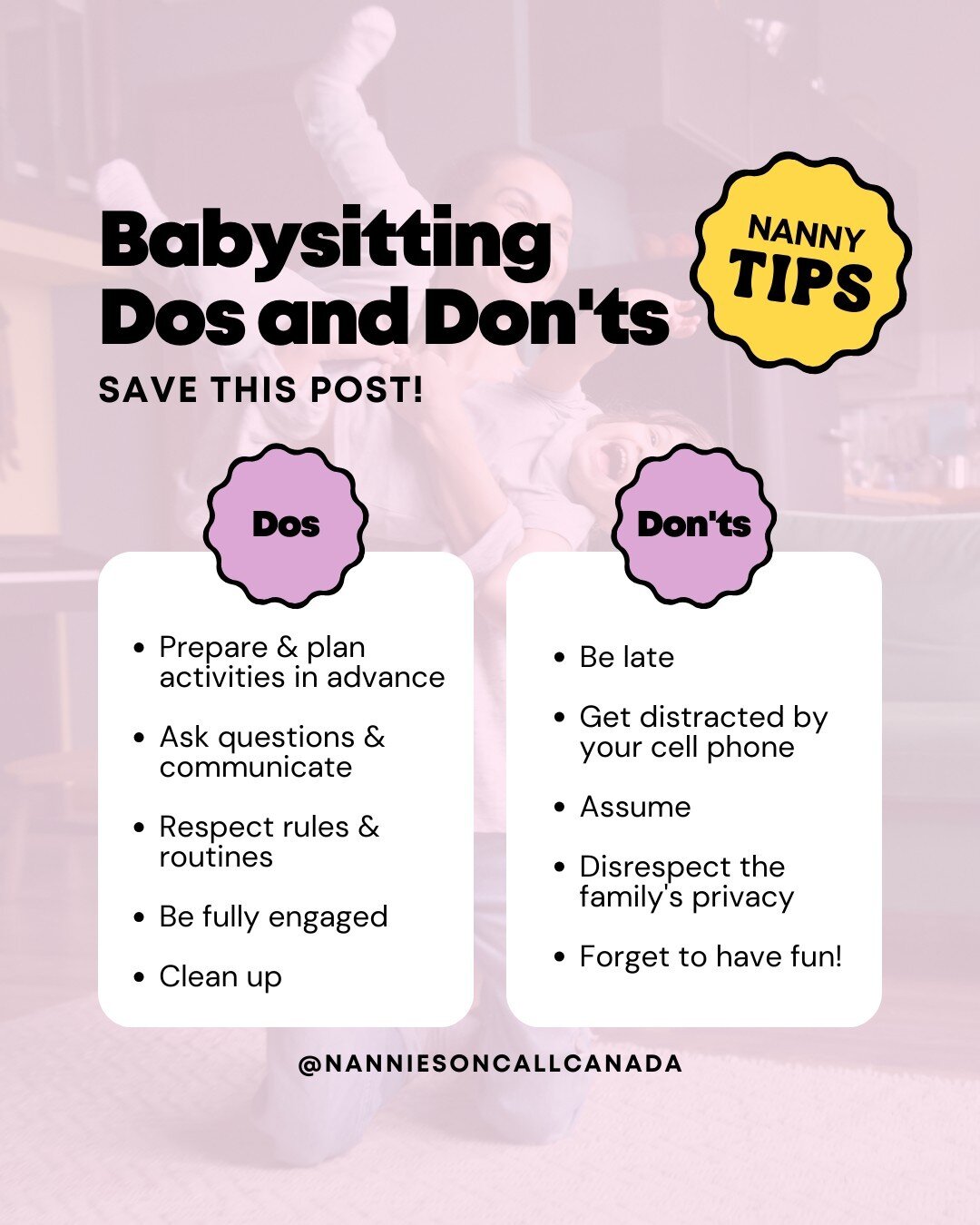 👉🏼 SAVE this post if you're starting out as an occasional nanny!⁠
⁠
Here are the dos and don'ts of babysitting that will allow you to stand out and make your mark with the families you serve:⁠
⁠
- Arrive on time, every time.⁠
⁠
- Plan age-appropria