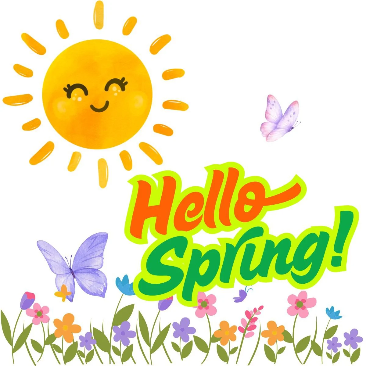 A cheerful, animated yellow sun with a smiling face, surrounded by colorful spring flowers and butterflies. The text 'Hello Spring!' appears in bold, colorful letters.