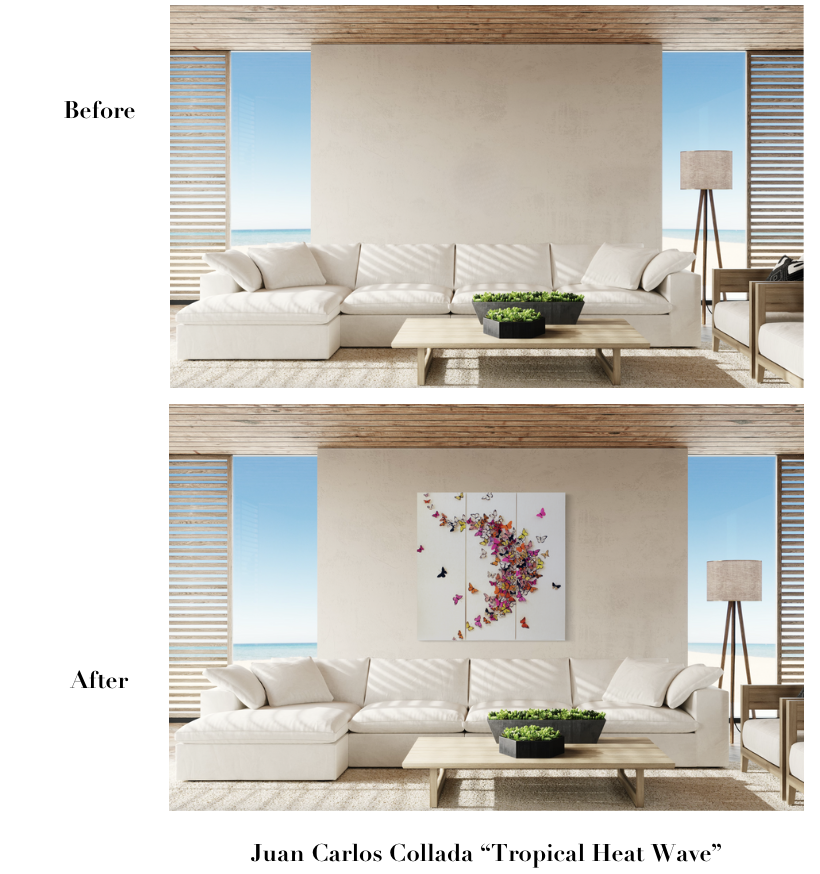 Juan Carlos Collada feather butterfly assemblage, "Tropical Heat Wave"