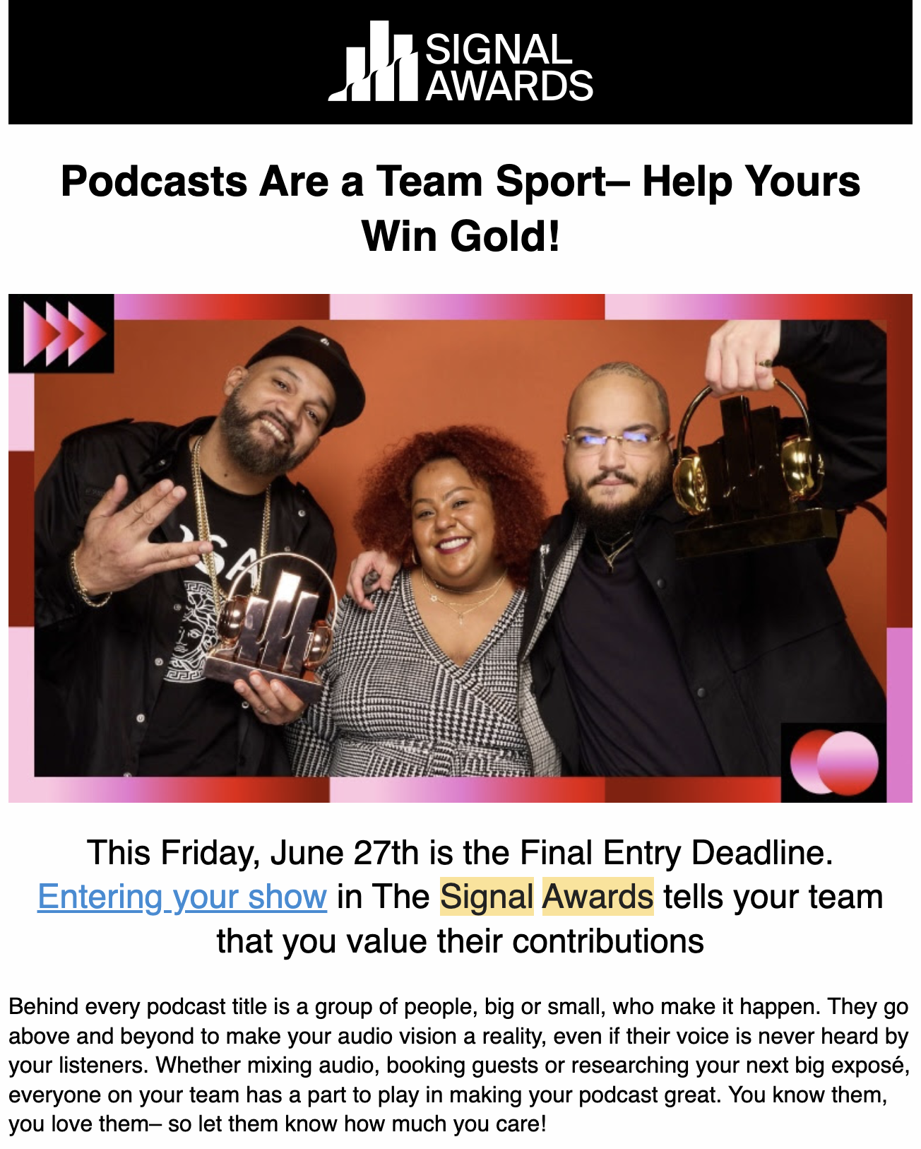 The Signal Awards Newsletter email subject line: "Final Deadline Friday - Reward Your Team"