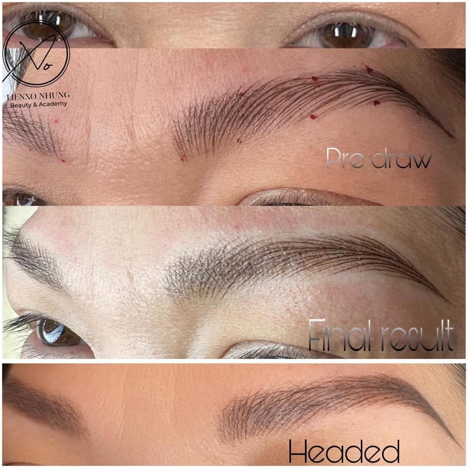 Sequence of eyebrow microblading process: before drawing, after result, and finished brows.