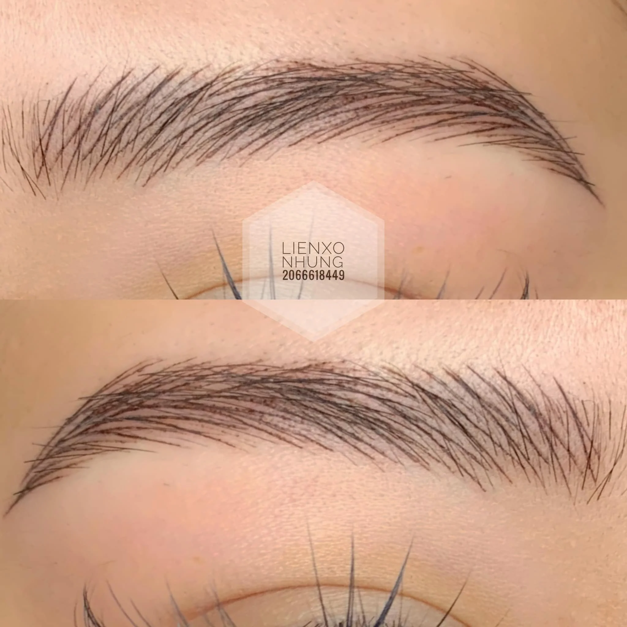 Close-up image of well-groomed eyebrows with natural makeup, showing a before-and-after comparison of eyebrow enhancement or grooming.