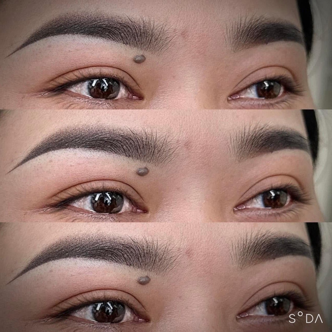 Close-up of a person's eye area showing before and after eyebrow makeup application, with the after image displaying fuller, well-defined eyebrows.