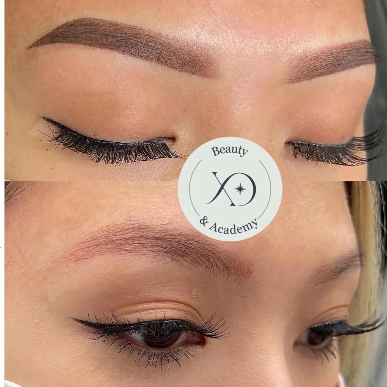 Close-up images of women's eyes showing eyelash extensions and natural eyebrows, with a logo in the center for Beauty XD & Academy.