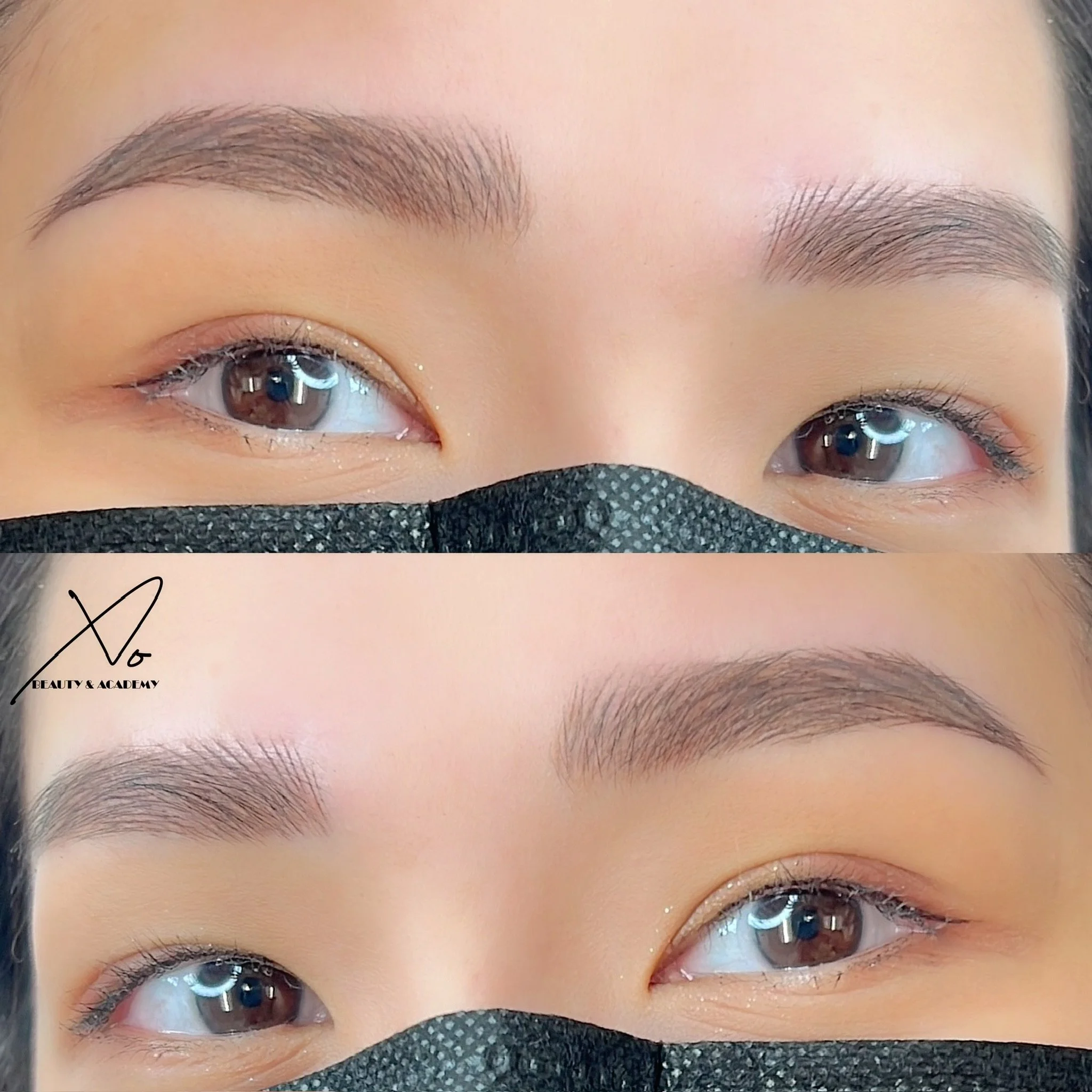 Close-up of a person's eyes, showing well-groomed eyebrows and eye makeup, with a black face mask partially covering the nose.