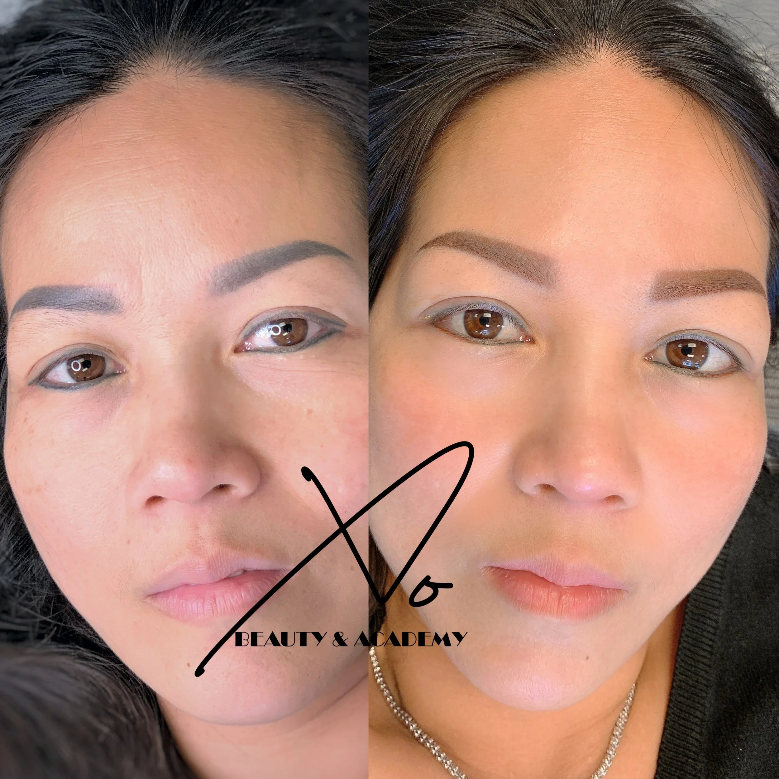 Side-by-side comparison of a woman's face showing before and after makeup application, with the logo 'Beauty & Academy' overlaying the image.