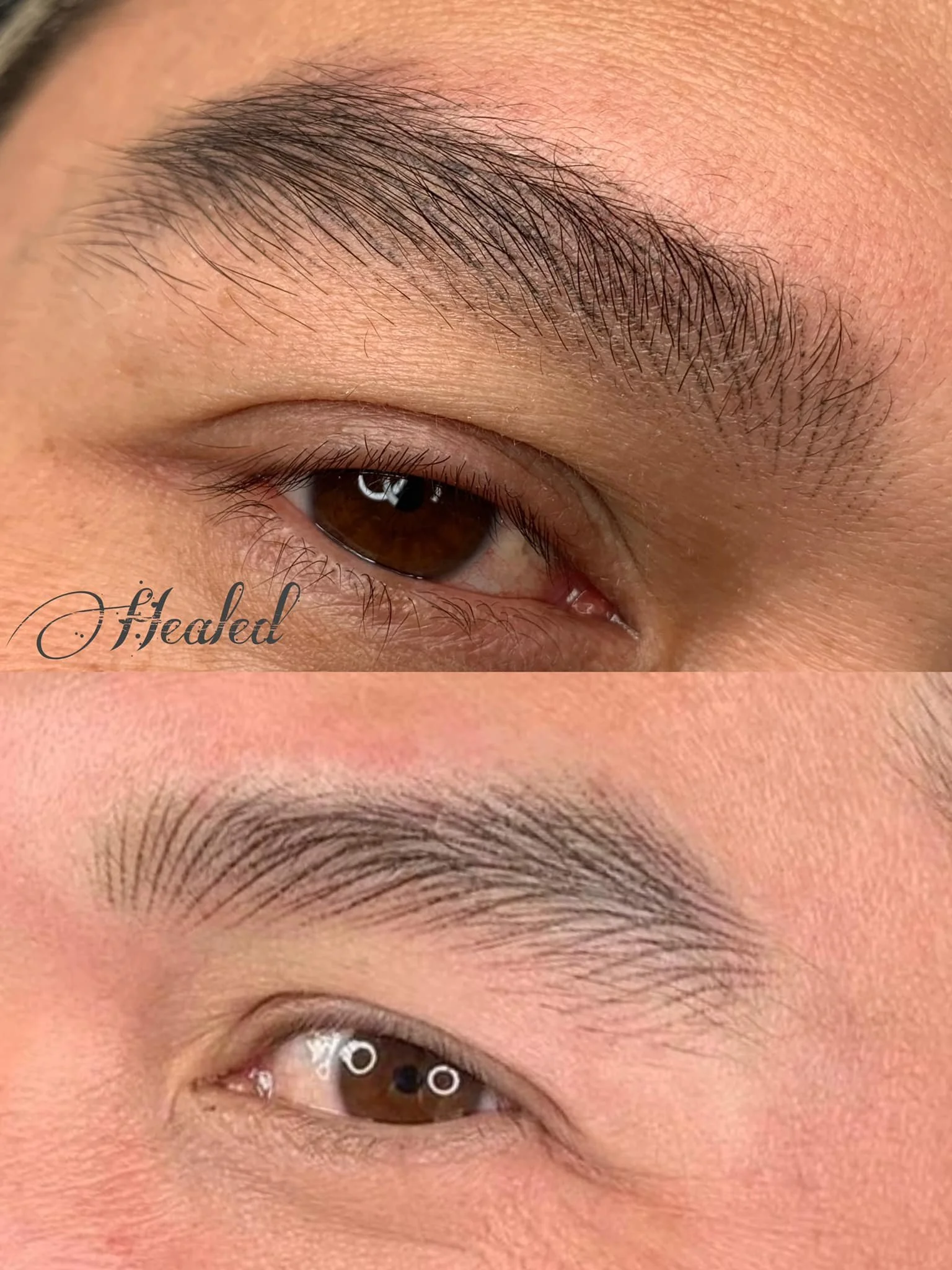 Close-up of a person's eye before and after eyebrow treatment, showing natural eyebrow hair growth and improved shape.