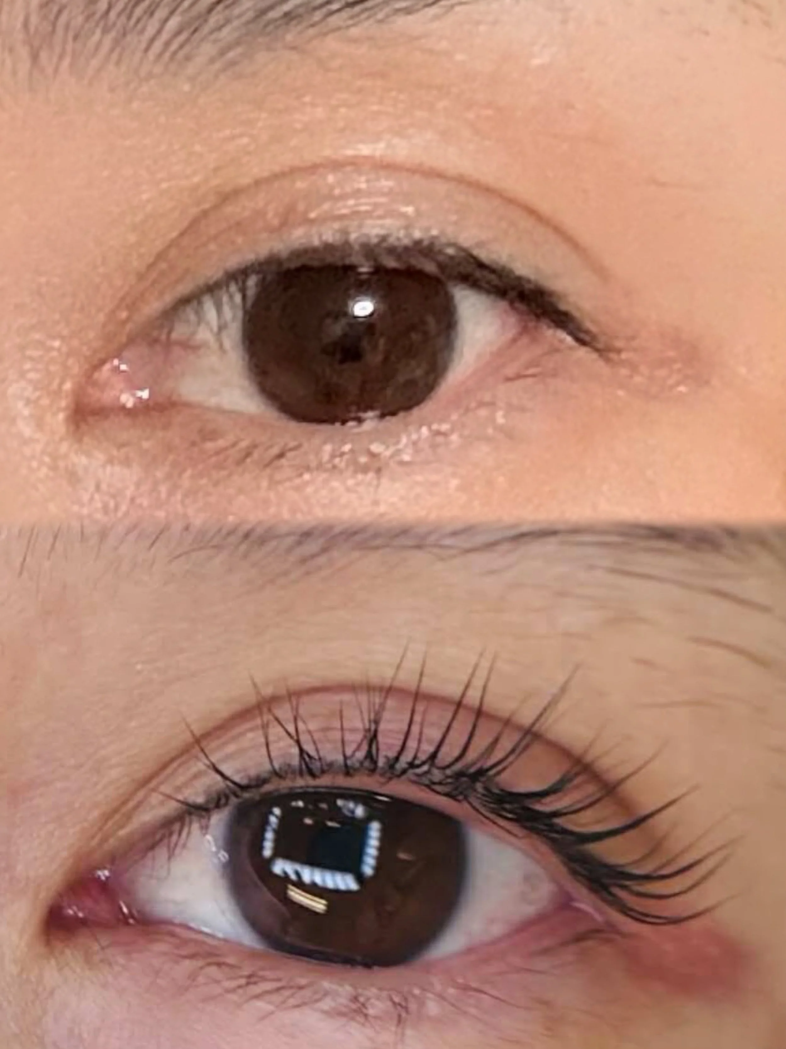 Close-up of a person's eye before and after applying mascara, showing eyelashes with and without mascara.