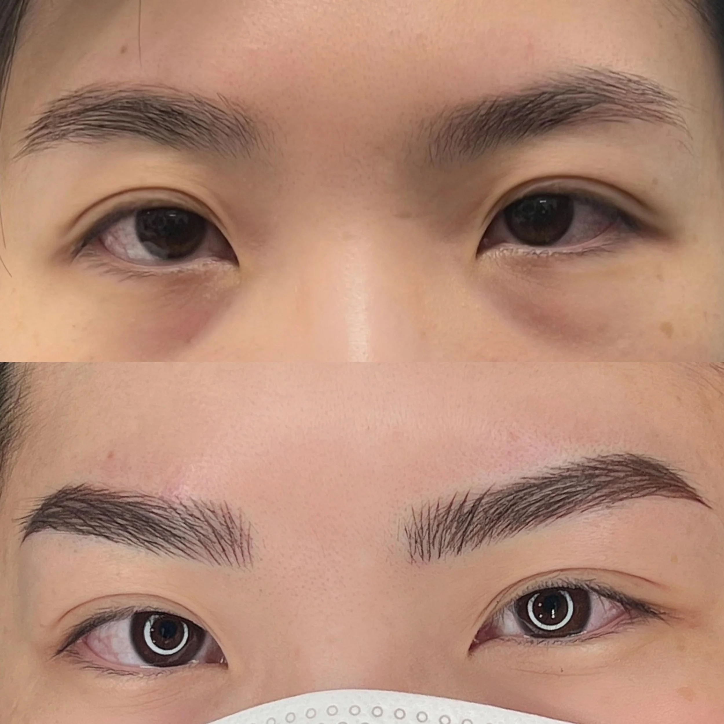 Close-up of a person's eyes and eyebrows, showing a before-and-after comparison of eyebrow enhancement or makeup application.